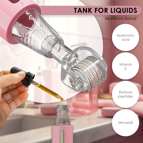 Derma roller with Reservoir for Lips, Skin, Hair, Wrinkles, Stretch Marks, Hyperpigmentation INSTANT SERUM APPLICATION, 105 Titanium Needles 0.25 mm