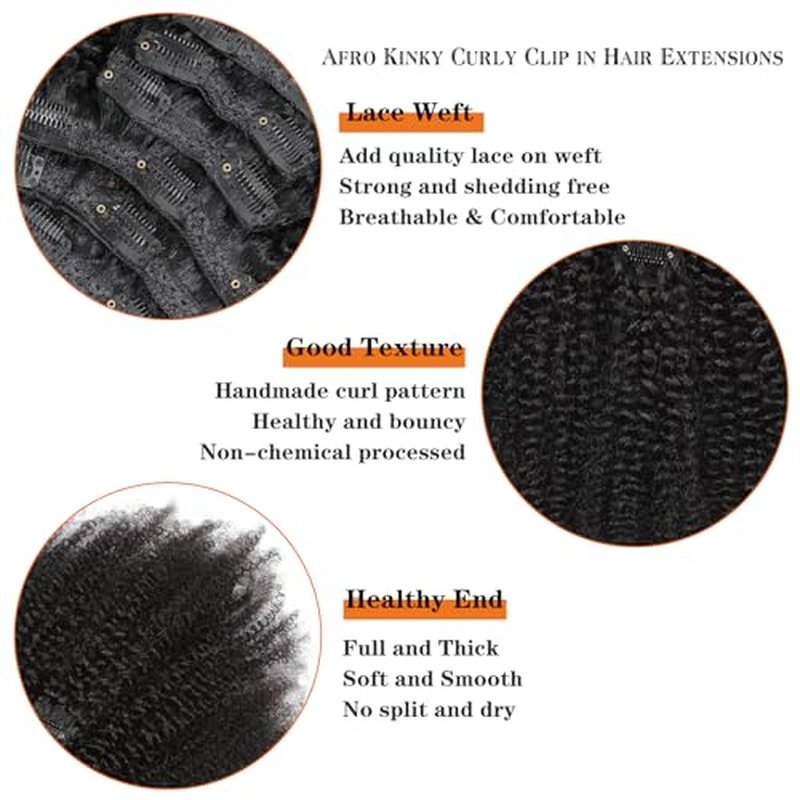 Afro Kinky Curly Clip in Human Hair 8pcs 240g/set 10A Brazilian Virgin Natural Hair Clip Ins Hair Extensions for Black Women Natural Black Color 20 Inch