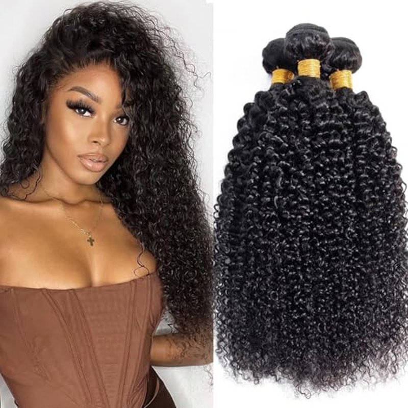 Curly Bundles Human Hair Kinky Curly Human Hair Bundles 100% Unprocessed Brazilian Virgin Hair Quick Weave Curly Hair Bundles for Women Double Weft Natural Black 18 18 18 Inch