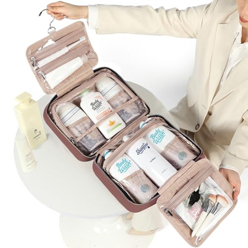 NISHEL Travel Toiletry Bag for women, Portable Hanging Organizer for Family-Sized Shampoo, Conditioner, Brushes Set, Makeup Accessories, Extra Large Size, Rosewood-Pink
