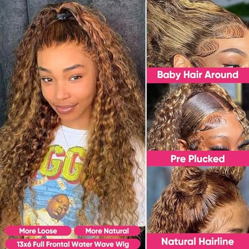 20 Inch Honey Blonde Ombre Highlight 13x6 Full Lace Frontal Wigs Human Hair 200 Density Water Wave 13x6 HD Transparent Lace Front Wigs Pre Plucked #4/27 Colored Human Hair Wig for Women