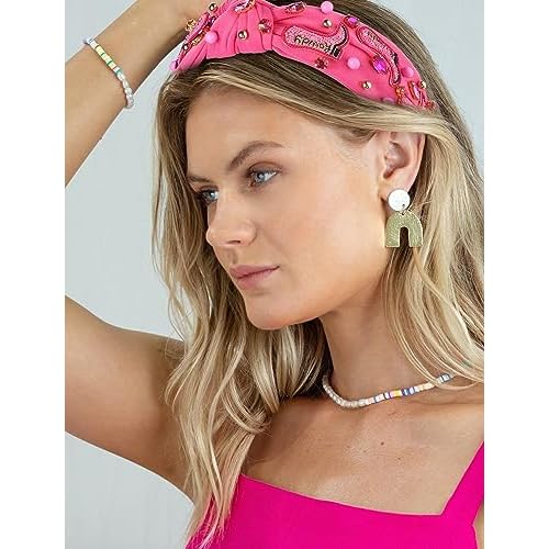 Western Cowgirl Headband Accessories for Women Beaded Cowboy Boot Embellished Headband Rhinestone Crystal Pearl Top Knot Hairband Rodeo Nashville Bachelorette Party Country Concert Outfit (Hot Pink)
