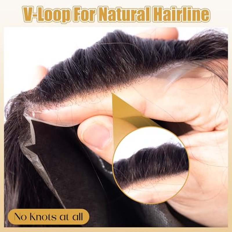 CARA Human Hair Toupee for Men, 8 x 10 inches, Ultra Thin Skin 0.04mm, V-loop, Medium Light Density, Color 1b (8X10 Simple bag packaging)