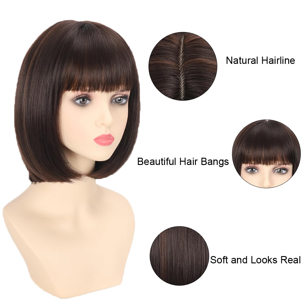 Refined hair Brown Mix Light Brown Bob Wigs With Bangs 12 inch Short Straight Synthetic Shoulder Length Wig For Women Heat Resistant Bob Wig Style for Daily Party Cosplay (4/30, 12 Inch)