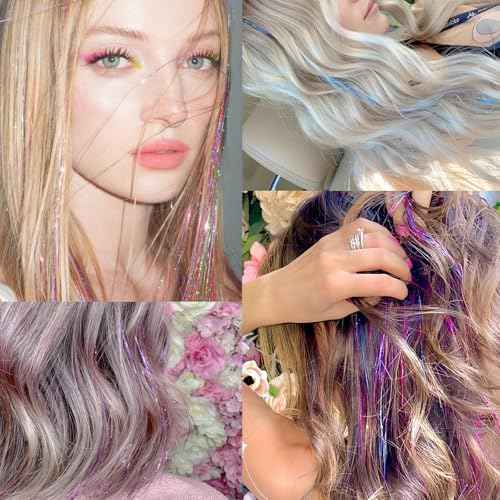 Hair Tinsel, Hair Tinsel Kit for Girls 1800 Strands Fairy Tinsel Hair Extensions Holographic Hair Tinsel Heat Resistant Colored Hair Glitter Christmas Party Festival (N/Pink)