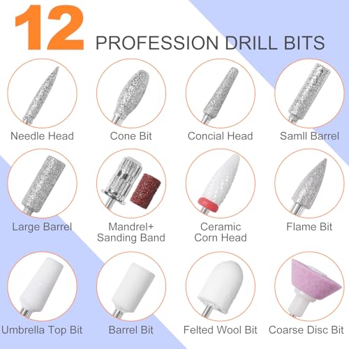 MEKK Nail Drill Kit,35000RPM Electric Nail Drill Professional Electric Nail File with 12PCS Bits,Anti-Shaking Cordless E Filer for Nails,Home & Salon(Orange Blue)