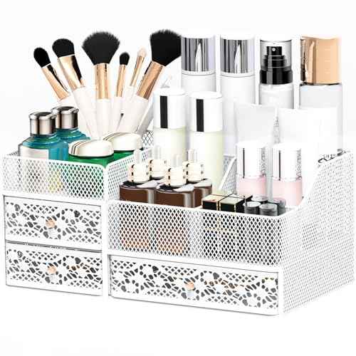 Lamesa Makeup Organizer for Vanity, Metal Makeup Organizers and Storage, Large Capacity Vanity Organizers for Cosmetics, Skincare, Desk Organizers with Drawers for Dresser Countertop(Large White)