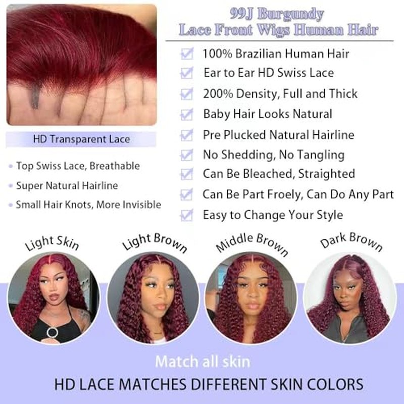 Burgundy Wig Human Hair 13x6 Deep Wave Lace Front Wigs Human Hair 200 Density 99j Burgundy HD Lace Front Wigs Pre Plucked 200 Density Red Colored Wig with Baby Hair for Women 20 Inch