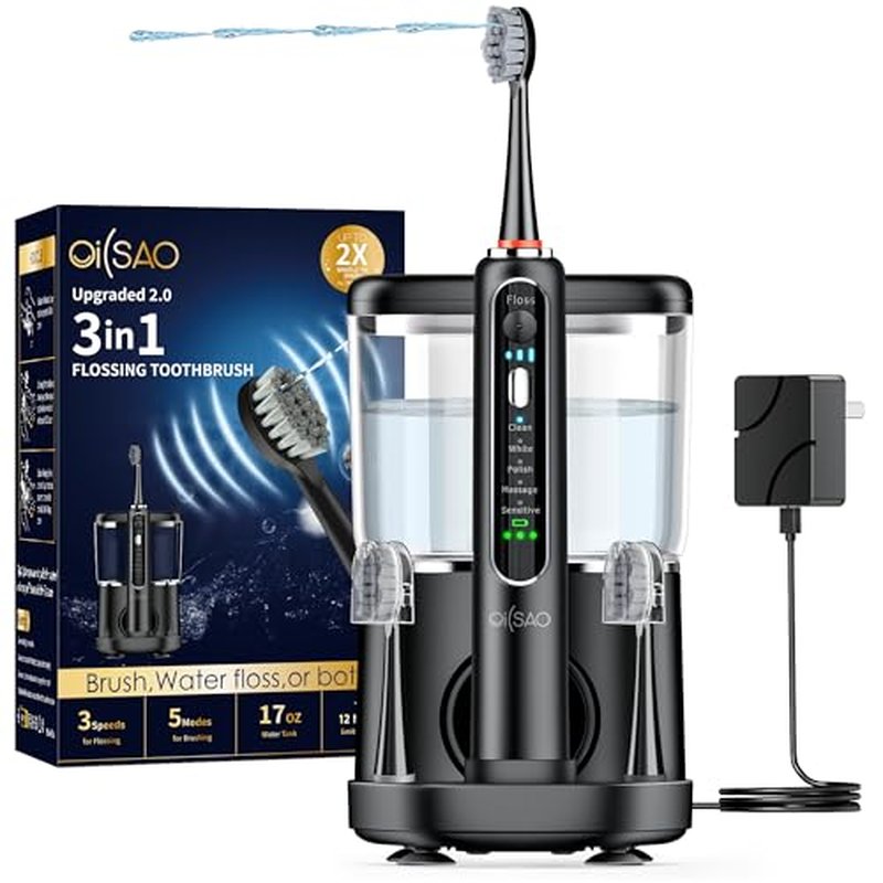 Electric Toothbrush with Water Flosser Combo in One, Professional Flossing Toothbrush for Teeth Cleaning and Flossing, Plaque Removal, Rechargeable, 5 Brush Modes & 3 Flossing Speeds, 500ML