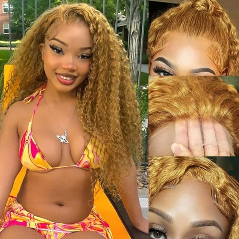13X6 Honey Blonde Wig Human Hair 27#Color Deep Wave Lace Front Wig Human Hair Pre-Plucked Curly Blonde HD Lace Front Wig 180% Density For Women(starxiu)