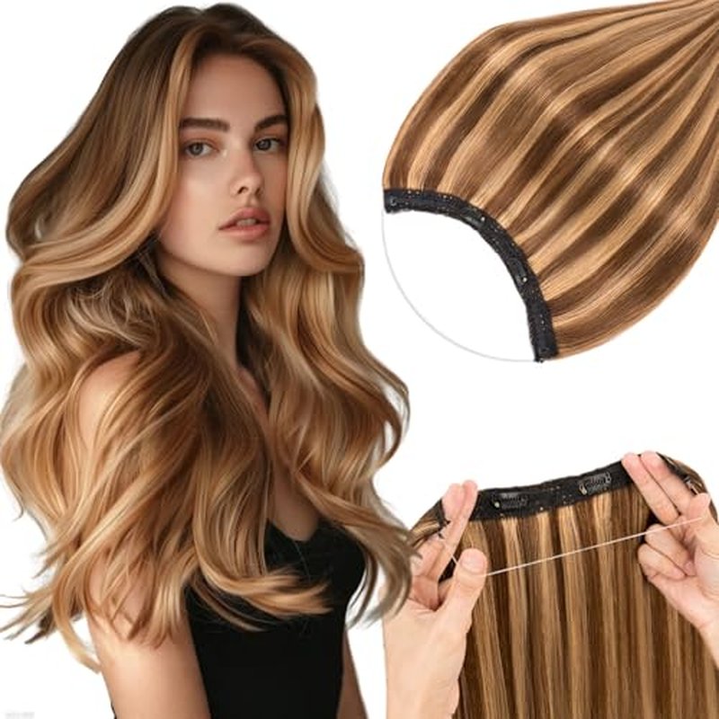 Rich Choices 100% Real Human Halo Hair Extensions for Women Remy Halo Extension Invisible Wire Hairpiece Clip in One Piece Hairpiece Adds Weight 100g 20 Inch #4P27 Medium Brown Highlight Dark Blonde