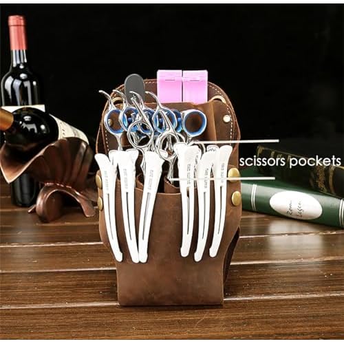 Scissor Pouch Belt, Cowhide Leather Salon Barber Hairdressing Scissor Holster Hair Stylist Shears Holder Tools Waist Bag with Adjustable Strap for Combs, Hair Clips
