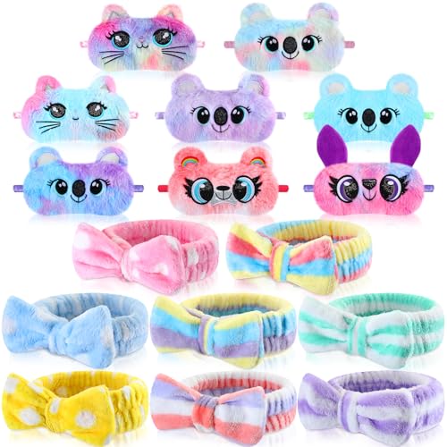 16 Pcs Sleepover Party Supplies 8 Animal Sleep Eye Masks 8 Bow Makeup Headbands Plush Sleeping Eye Mask for Christmas Gift Washing Face Makeup Shower Women