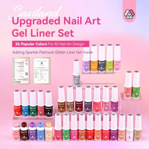 SAVILAND Nail Gel - 36 Colors Liner Set With Art Brushes, Soak Off Pen, Pink Polish for Salon DIY At Home, Beginner-Friendly Manicure Kit