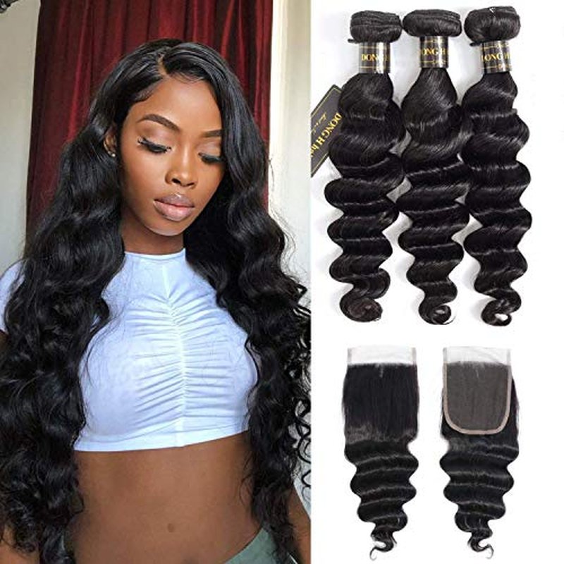 9A Peruvian Loose Deep Wave Bundles with Closure, Peruvian Virgin Hair Long Loose Deep Hair 3 Bundles with 4x4 Top French Lace Closure with Baby Hair ¡¦ (12/14/16+10 Inch, 3 Bundles+Free Part Closure)