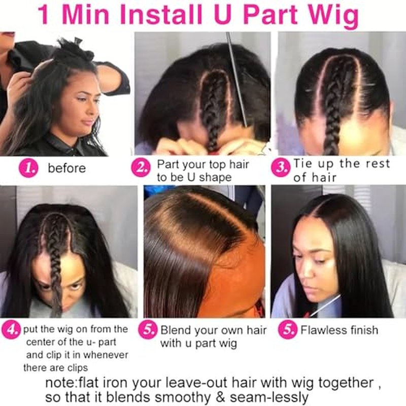 U Part Wigs Human Hair Yaki Straight Glueless Wig Human Hair 200% Density Yaki Straight U Shape Wig Upgrade None Lace No Sew In U Part Wigs With Drawstring Beginner Friendly,Natural Color(18 Inch)