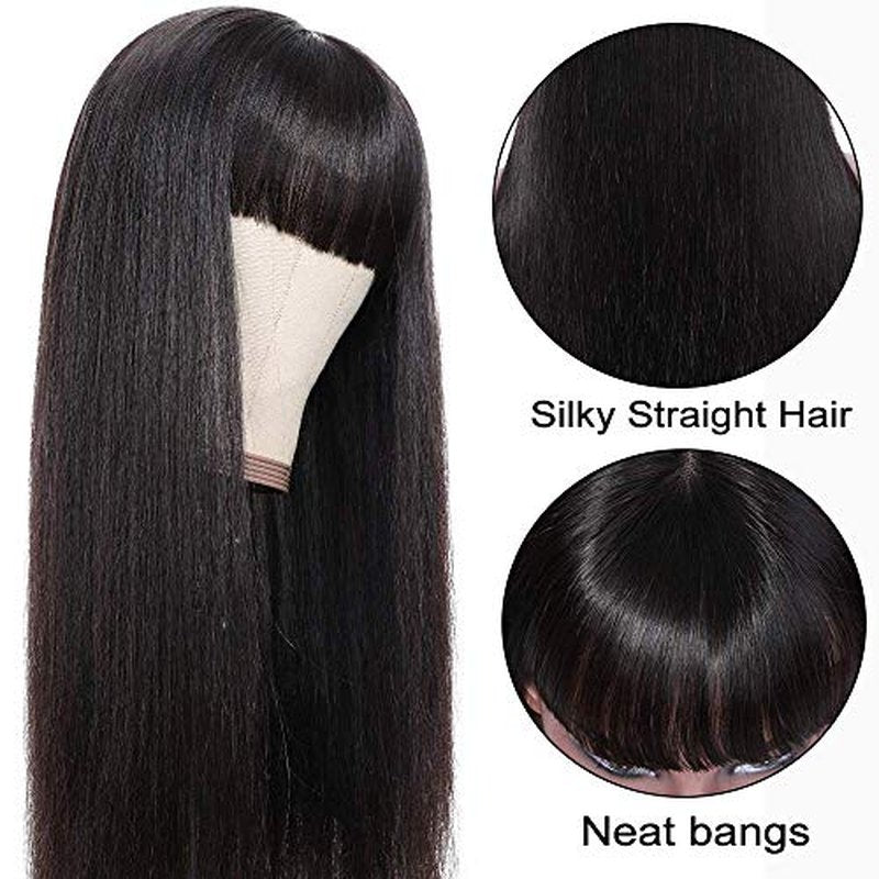 ROSELINE Glueless Wigs Human Hair with Bangs Straight Human Hair Wig with Bangs 150% Density None Lace Front Wigs for Black Women 24inch