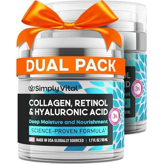 SimplyVital Anti-Aging Collagen Retinol Cream for Face, Neck & D?collet? with Hyaluronic Acid - Made in USA, Daily Collagen, Retinol & Hyaluronic Acid Cream, 2-Pack