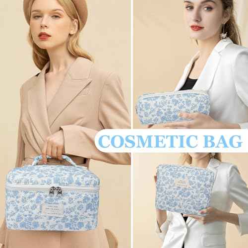 Makeup Bag Set, Quilted Makeup Bag, Large Floral Cosmetic Bag for Women, Cute Cotton Makeup Bags, Flower Travel Toiletry Organizer Bag (Black Rose Flower)