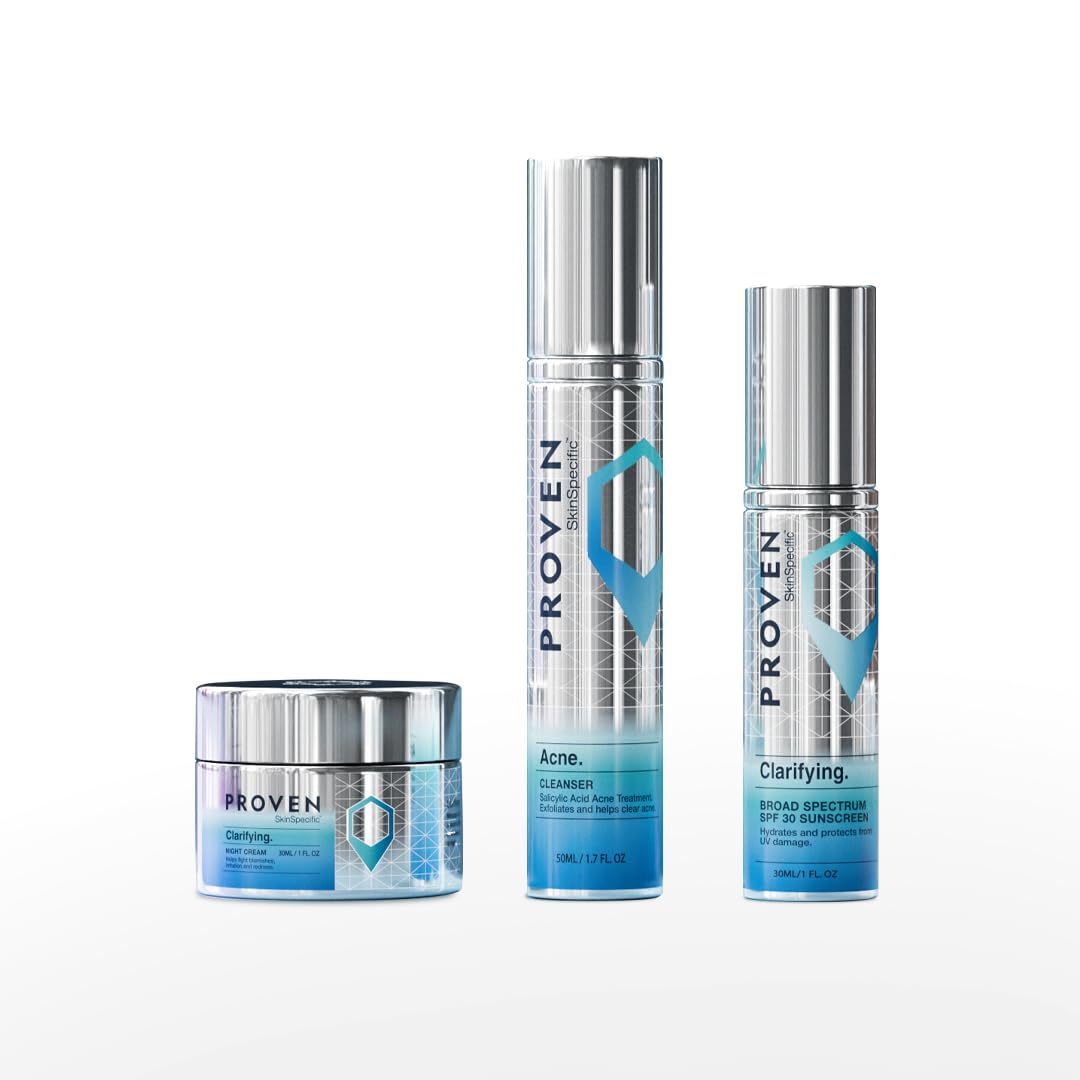 PROVEN SkinSpecific Acne Routine – 3-Step Skincare Kit with Cleanser, Night Cream & SPF 30 Moisturizer – Dermatologist-Tested System for Blemish-Prone Skin, Salicylic Acid + Zinc