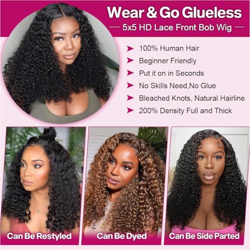 Curly Bob Wig Human Hair Deep Wave 200% Density 5x5 HD Lace Closure Wigs Human Hair Bob Wigs For Black Women Wear And Go Glueless Curly Wig Black Color 16 Inch