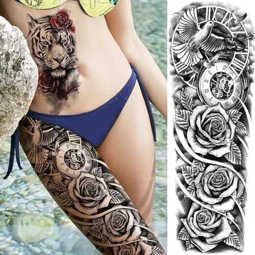 20 Sheets Sexy Rose Flower Full Arm Sleeve Temporary Tattoos For Women Adults Thigh, Half Arm Sleeve Tattoos For Men Angel Anchor Peace Dove Eagle Owl Compass Eye, Black Halloween Fake Tattoo Stickers
