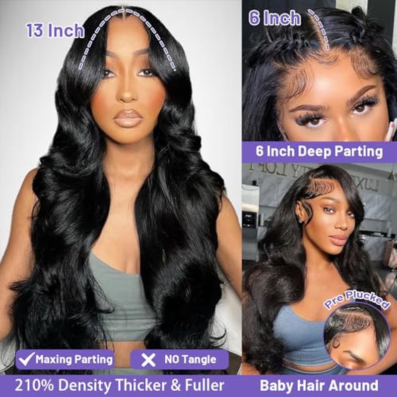 13x6 Lace Front Wigs Human Hair Body Wave 26 Inch HD Lace Frontal Wigs Human Hair Body Wave Human Hair Wig for Women 210% Density Pre Plucked with Baby Hair Natural Black