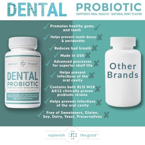Dental Probiotic, 30 Sugar Free Chewable Tablets, Mint Flavor - Vegan Supplements w/BLIS K12 & M18 - Boosts Oral Health - Fights Bad Breath (Halitosis), Tooth Decay, Strep Throat