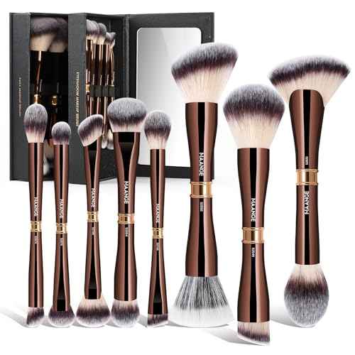 MAANGE Makeup Brush Set with Mirror Double-ended Kabuki Makeup Brushes For Foundation Contour Liquid Powder Concealer Eye Shadows Cream Cosmetics Blending Blush Makeup Tools (Coffee Brown, 8 PCS)