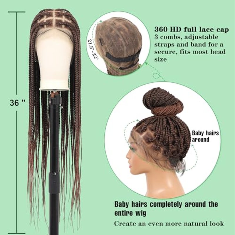 Youthfee 360¡Æ HD Full Lace Knotless Braided Wigs for Women Braided Lace Front Wigs with Baby Hair Premium Synthetic Brown Natural Looking Box Braid Wig 36 Inch