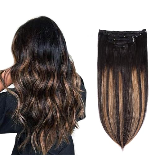 5 Pieces 14" Remy Clip in Hair Extensions Human Hair Natural Black to Chestnut Brown Highlight Black Ombre - Silky Straight Short Thick Real Hair Extensions for Women (14 inches, #(1BT6) P1B, 70grams)