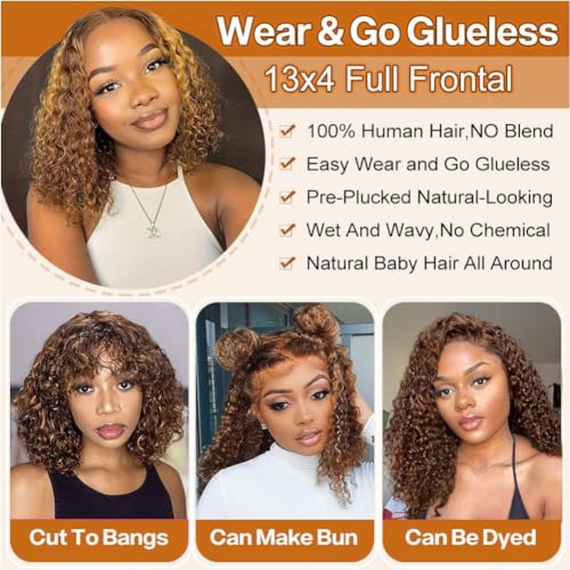 Curly Bob Wig Human Hair Deep Wave 13x4 HD Lace Front Wigs For Black Women Human Hair Pre Plucked Wear And Go Glueless Short Wet And Wavy Ombre Honey Blonde Highlight Color 4/27 16 Inch