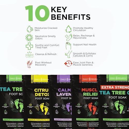 DAILY REMEDY Foot Soak Salts- Variety Pack of 4- Tea Tree Oil, Muscle Relief, Calming Lavender & Citrus Soak- For Foot Pain, Soreness, Athlete¡¯s Foot, Odors, Calluses-Made In USA