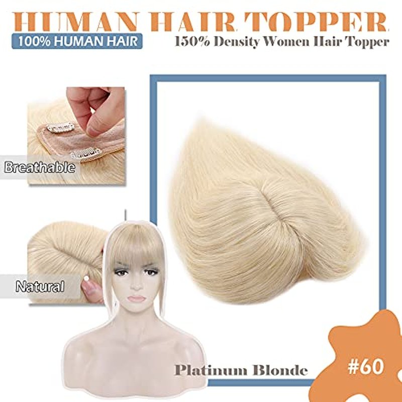 Hairro Human Hair Toppers With Bangs Clip on Topper Hairpiece For Women Silk Base Remy Real Hair Clip On Toupee With Wispy Air Bang For Thinning Hair Loss 10 Inch 33g #60 Platinum Blonde