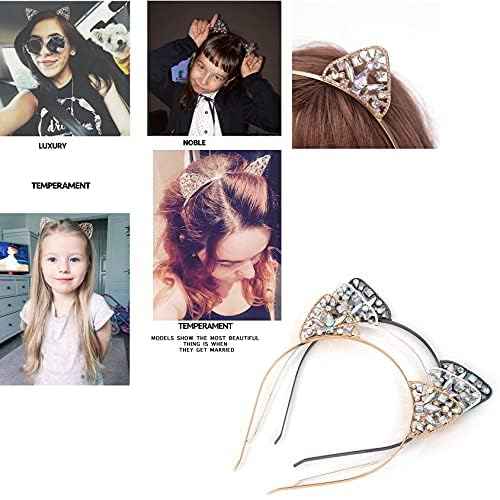 Cat Ears Headband Rhinestone Cat Headbands Crystal Hair Hoop Women Party Headdress Cosplay Costume Headwear Halloween Makeup Handmade Headpiece Hair Band Hair Accessories 3 Pack