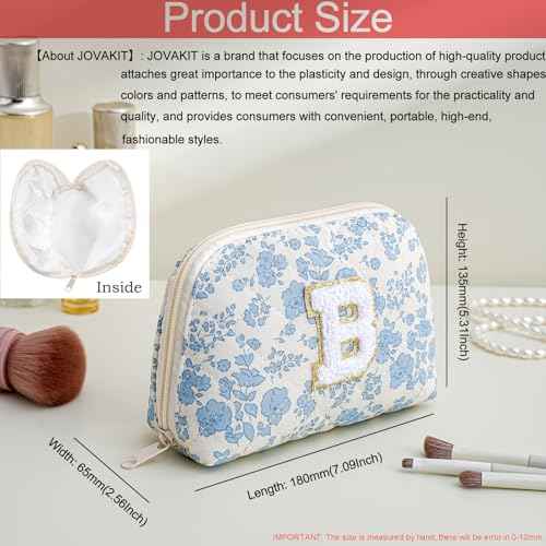 JOVAKIT Conch Alphabet Makeup Bag Cosmetic Bag for Women, Christmas Gifts for Women Girls, Blue Floral Coquette Travel Bag, Zipper Make Up Pouch Organizer Trendy Stuff (Blue Floral B)