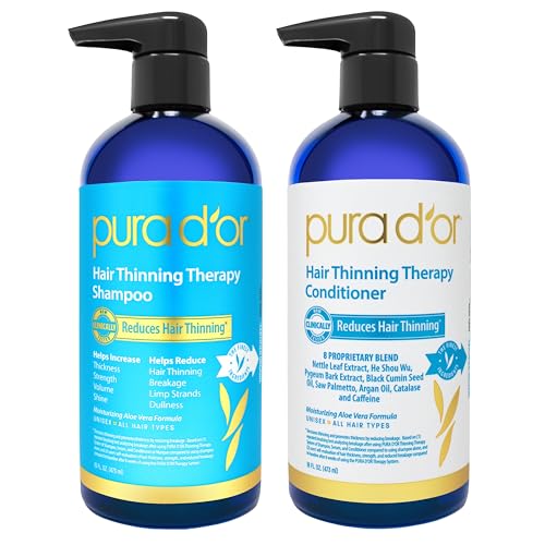 PURA D'OR Hair Thinning Therapy Biotin Shampoo and Conditioner Set, CLINICALLY TESTED Effective Results, Hair Thickening Products For Women & Men, Natural Routine, Color Safe, 16oz x2