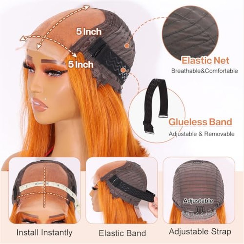 Wear and Go Glueless Bob Wig Human Hair 200% Density 5x5 HD Lace Closure Wigs For Black Women Glueless 5x5 Closure Wigs Human Hair Pre Plucked Bob Ginger Color 18 Inch