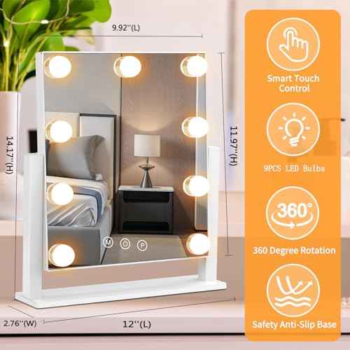 Vanity Mirror with Lights, Hollywood Lighted Makeup Mirror with 3 Color Lighting Modes and 9 Dimmable Bulbs, Detachable 5X Magnification, Smart Touch Control, 360¡ÆRotation, White