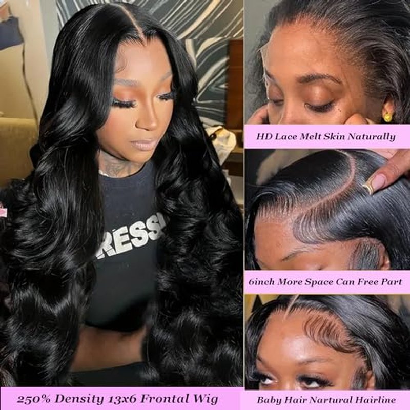 13x6 HD Frontal Wig 250 Density HD Lace Front Wigs Human Hair Pre Plucked with Baby Hair Brazilian Virgin Hair Glueless Body Wave Wig 24 Inch Transparent Lace Front Wigs Human Hair Natural Black