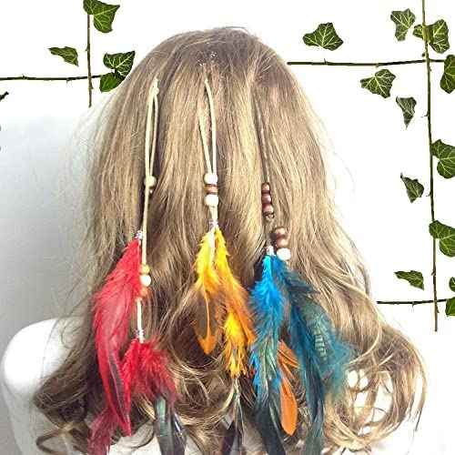 Boho Feather Hair Clips Hippie Hair Extensions 6 Pcs Indian Tribal Bead Gypsy Colorful Handmade Feather Tassel Headpiece Festival Cosplay DIY Present for Girl Women Hair Accessories