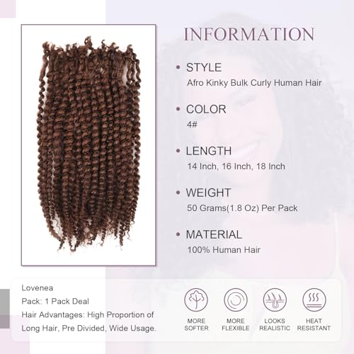Afro Kinky Curly Bulk Human Hair 50g/pack 100% Real Human Hair for Mini Twist/Braiding/Loc Extensions Curly Hair Natural Afro Bulk for Dreadlocks (4#, 16 Inch-50g)