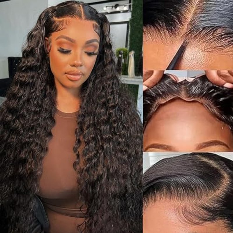 Glueless Wigs Human Hair Pre Plucked Pre Cut Deep Wave Lace Front Wigs 4x4 Closure Wigs 150% Density Natural Black Color (26 Inch)