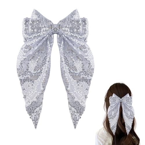 Silver Glitter Bow Hair Clip Sparkly Long Tail Hair Bow Clip Christmas Hair Clips Barrettes for Women Girls Extra Large Bling Bow Hair Clips for Women Silver Christmas Hair Accessories for Girls Women