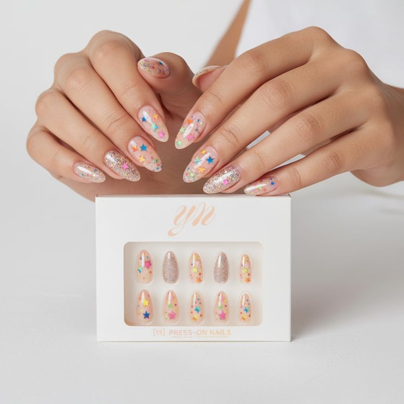 Press On Nails | Medium Oval Shape Fake Nails with Glue & File - Rainbow Orbit Design