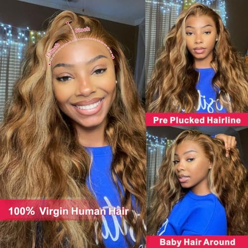 Honey Blonde Ombre 13x6 Lace Front Wigs Human Hair 200% Density Highlight Body Wave HD Lace Front Wigs Pre Plucked Glueless P4/27 Colored Wig for Women Average Cap Tangle Free 24in
