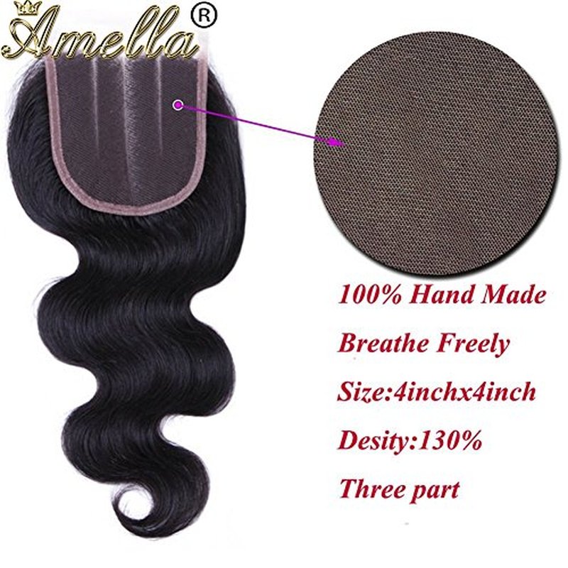 Amella Hair 100% Unprocessed Brazilian Virgin Body Wave Hair 3 Bundles With Closure (16 18 20+14 Three part)8A Brazilian Body Wave Human Hair Extensions With 4x4 Swiss Lace Closure