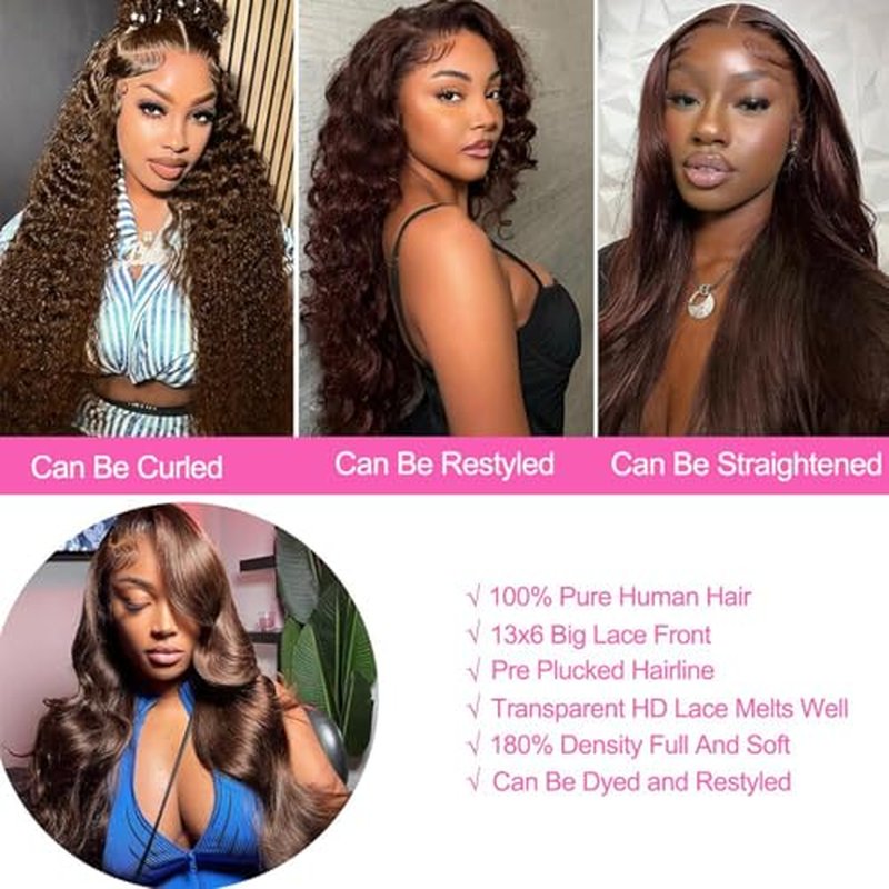 Body Wave Lace Front Wig 24 inch Brazilian Hair 13x6 Chocolate Brown Body Wave Wigs 100% Unprocessed Human Hair Body Wave Human Hair Wig with Baby Hair for Women