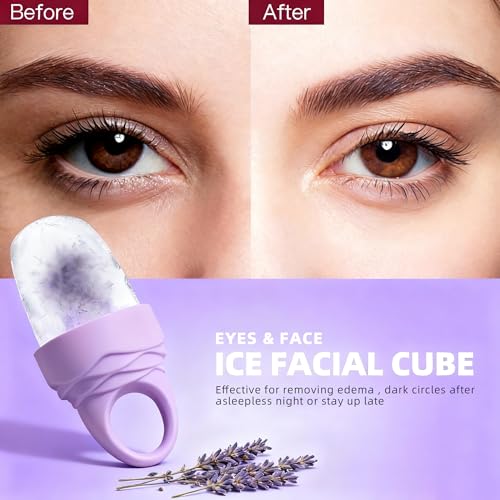 3 Pcs Facial Ice Roller Silicone Mold Reusable for Face Women and Eye Neck Cold Skin Care Tools Freezer De Puff Eye Bags Reduce Migraine Pain Pink 1 + Purple 2