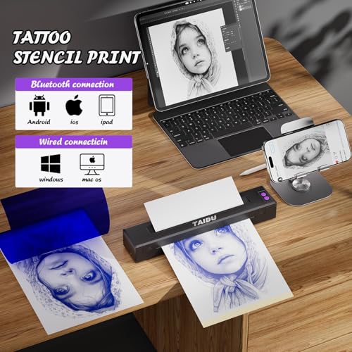 2025 Upgraded P19 Thermal Tattoo Printer with 20 Tattoo Transfer Papers, Realistic Printing; Wireless Bluetooth Compatible iOS/Android Phones
